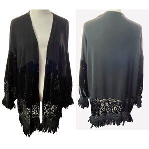 KNOX ROSE Women Velvet Kimono Sweater Sz L Black Open Front Fringe Boho 51-3